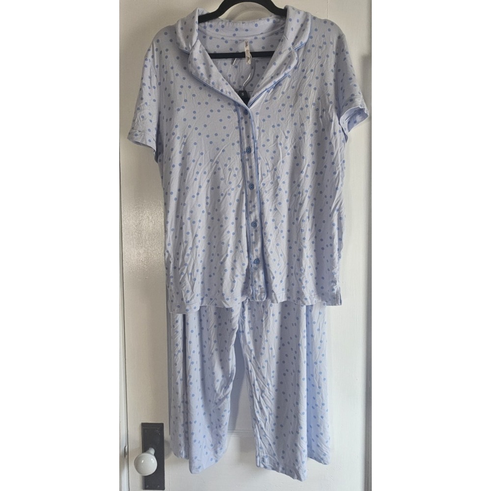 SOMA pajama set blue polka dot button front top/22" inseam pants womens L